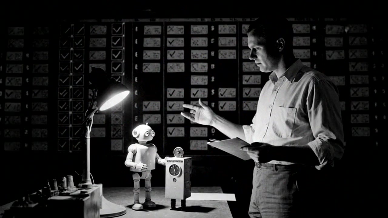 Black-and-white illustration: an engineer at a desk lamp reviews a wall of ticked test cards while a small robot waits on the desk.