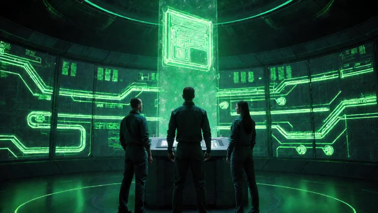 Sci-fi version of the Qaron scene: three engineers in a green holographic control room.